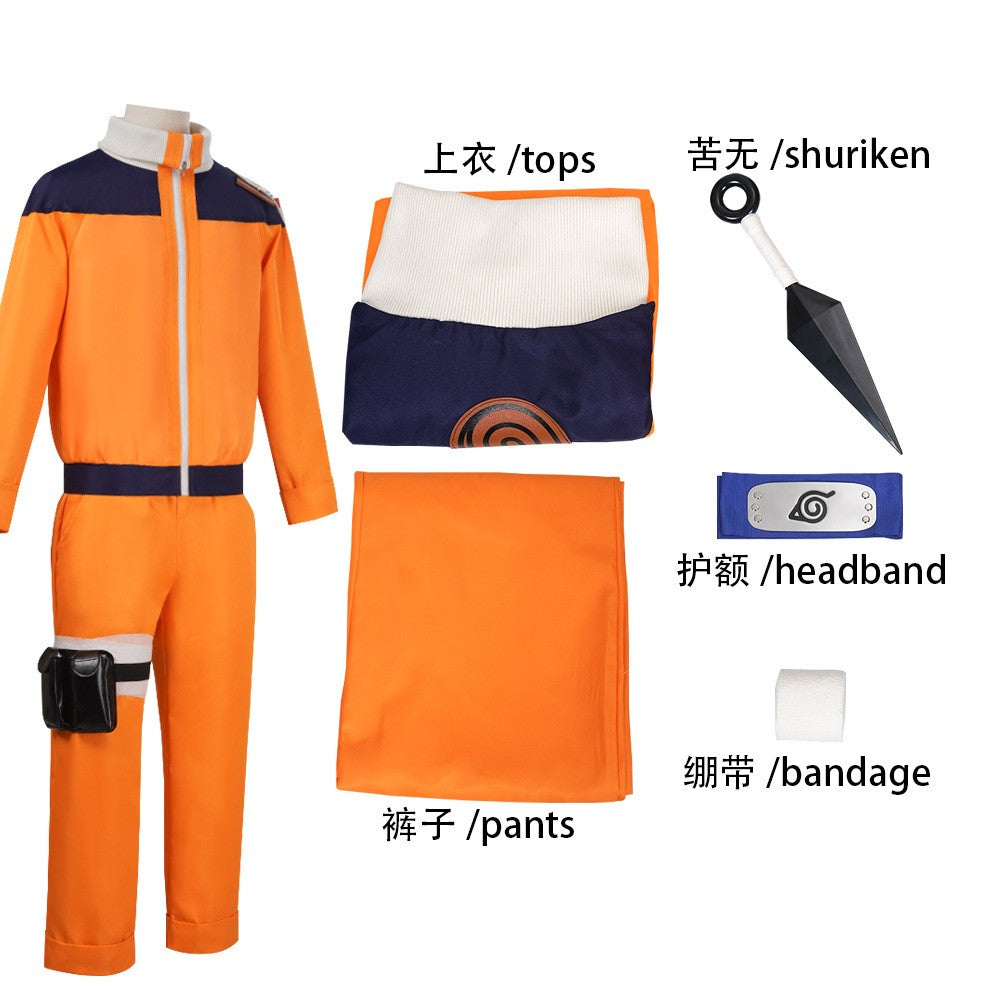 Uzumaki Cosplay Costume Orange Clothes with Headband & Kunai Pouch Pre-Shippuden Genin Ninja Outfit Blonde Wig Unisex Adult Hall