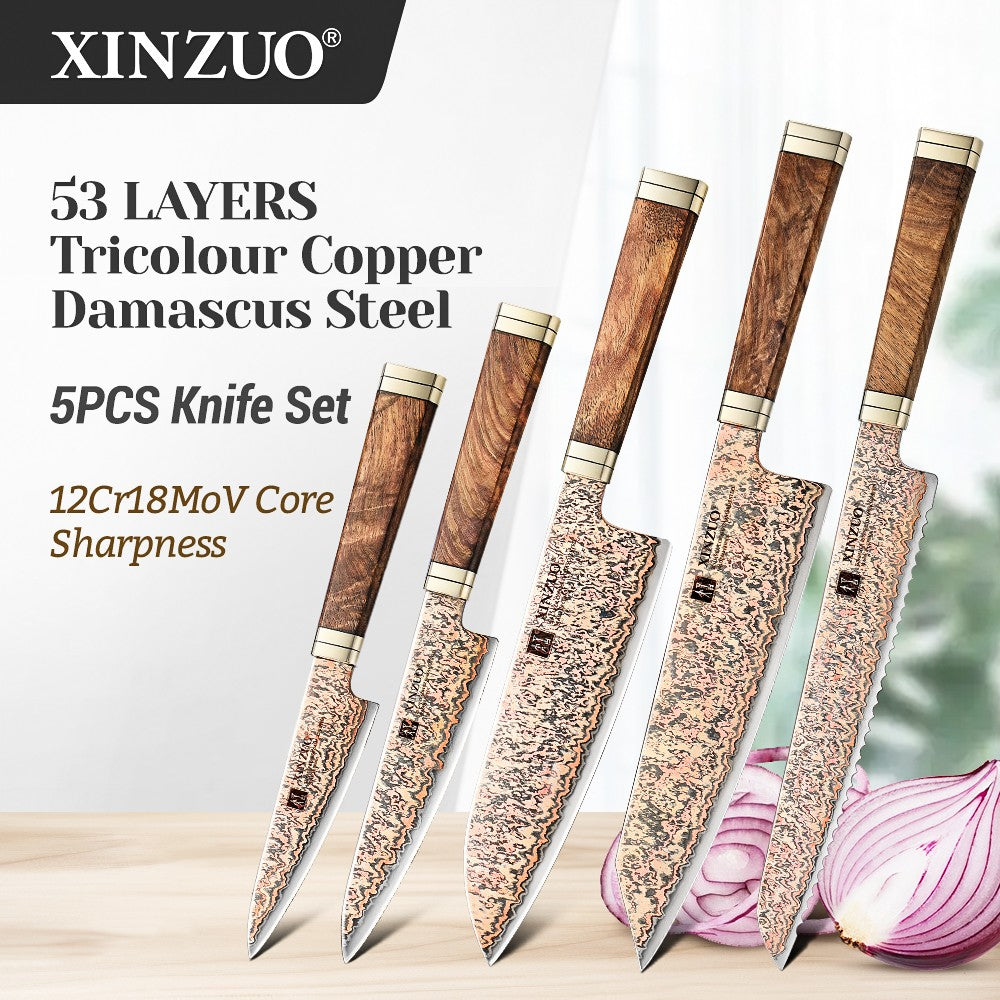 XINZUO 1-5 peças Conjunto de facas de cozinha Artesanais Faca de Chef Lâmina de Aço Damasco de Cobre Tricolor 53 Camadas com Cabo de Madeira Padauk e G10