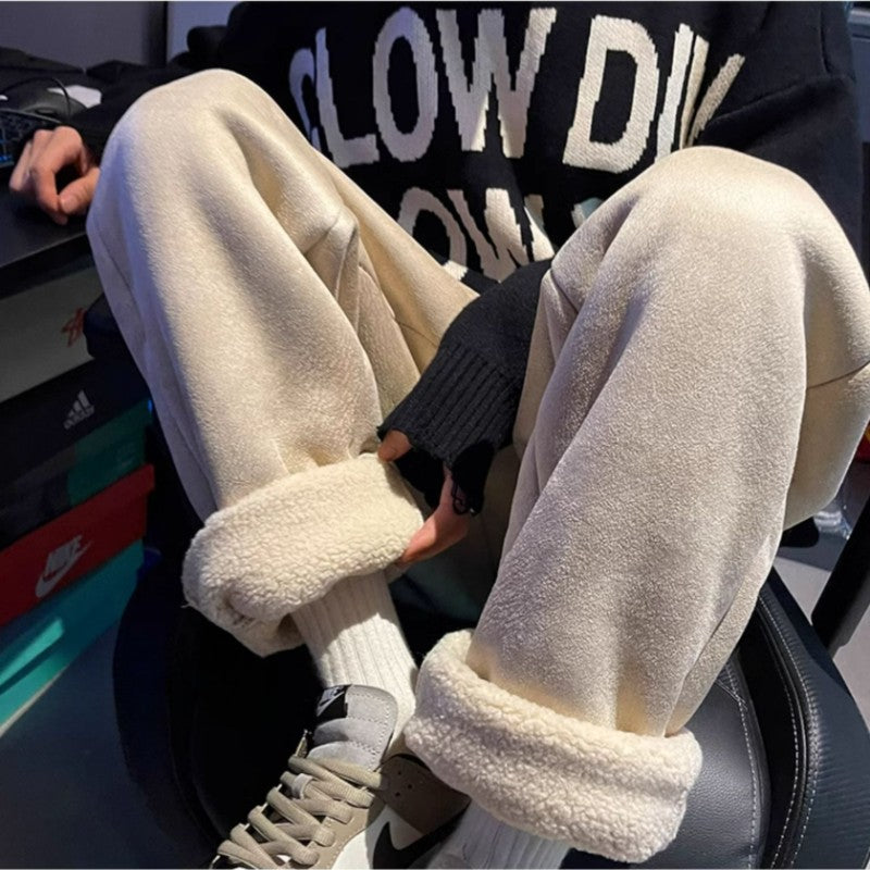 Women's Suede Thickened Straight Leg Pants Korean Style Wide Leg Autumn Winter New Student Fashion Casual Trousers