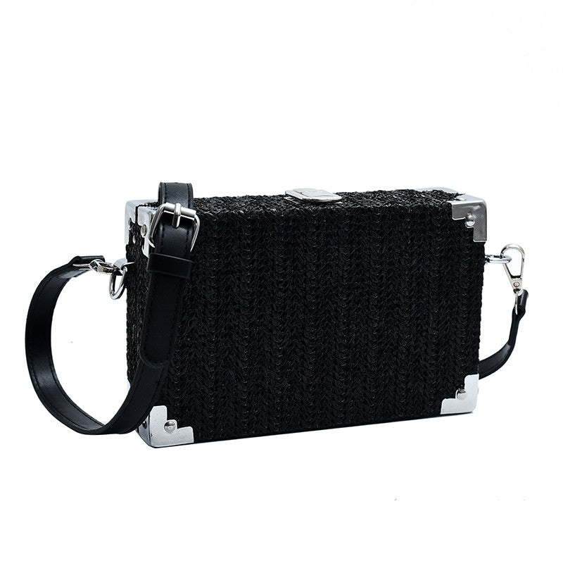 Couple's Sling Bag Straw Weaving with Corner Metal Decoration Boxy Shape Doctor Bag for Date Back to School Party Shoulder Bag