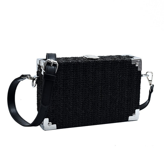 Couple's Sling Bag Straw Weaving with Corner Metal Decoration Boxy Shape Doctor Bag for Date Back to School Party Shoulder Bag