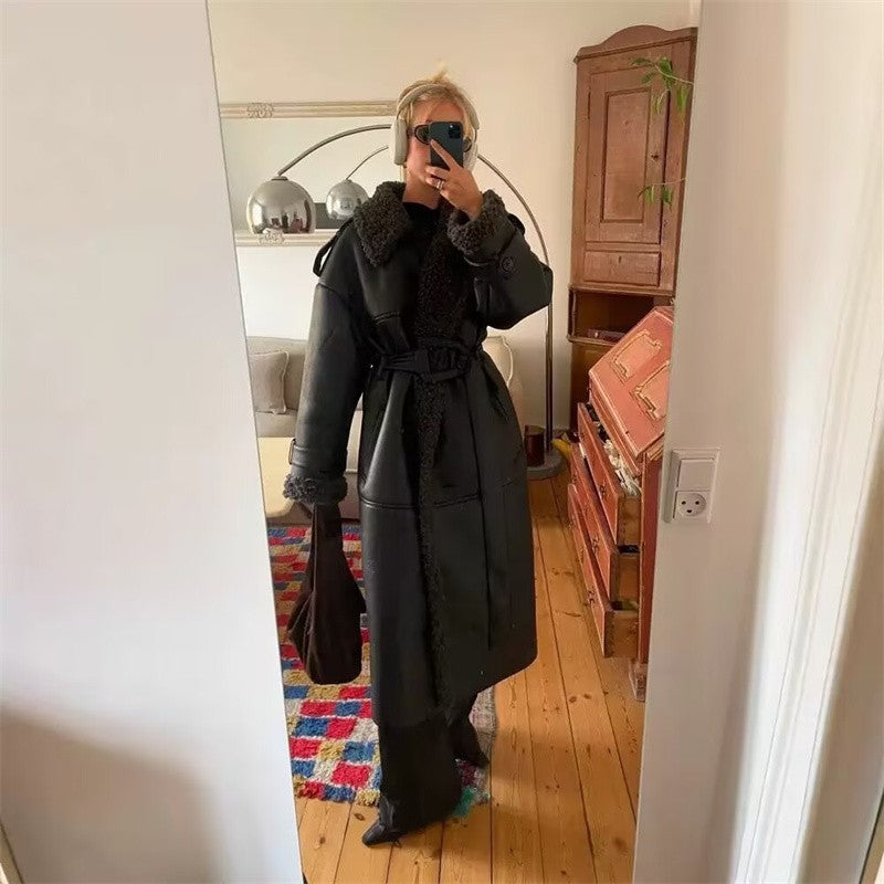 Women's Coat 2025 Autumn New Style Black Long-Sleeve Leather and Fur Integrated Coat with Belt High-End Outerwear Elegant