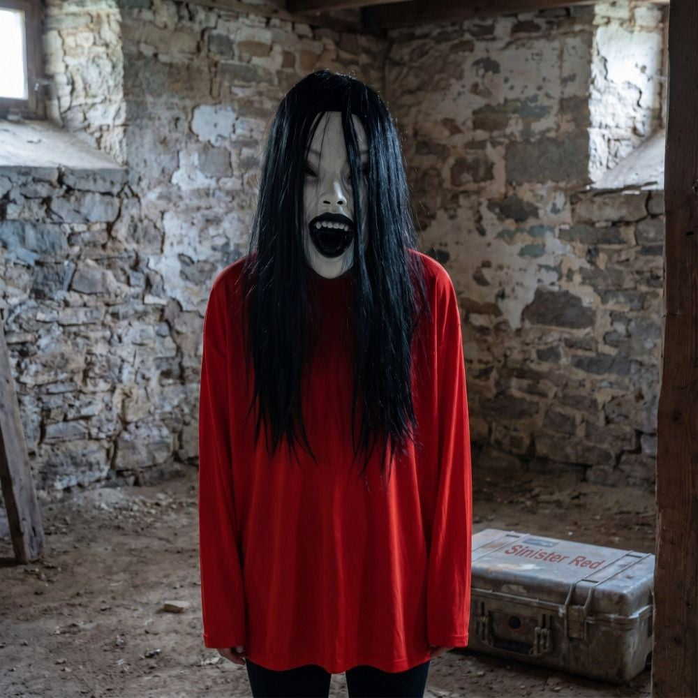 Latex Mask Scary Woman Masks Realistic Long Hair Party Cosplay Costume Ghostface Design Black Lips Creepier Headgear