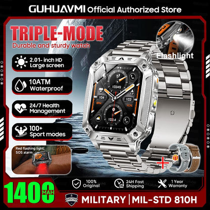 2026 Novo 1400mAh Bateria Grande Militar Ao Ar Livre 2.01 polegadas Smartwatch Masculino 10ATM À Prova D'água Chamada Bluetooth Relógio Inteligente Esportivo