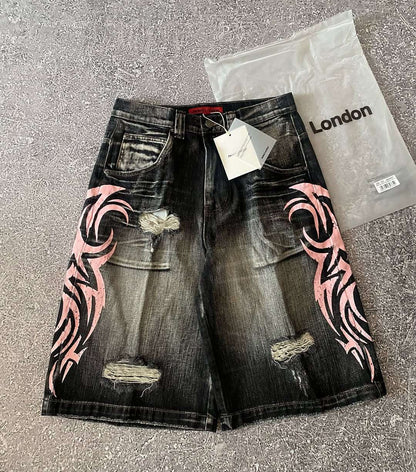 Y2K New Popular Denim Shorts Patch Vintage Shorts Men Women Street Hip Hop Fashion Harajuku Punk Loose High Waist Wide Leg Pants