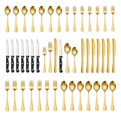 Conjunto de talheres de 48 peças com facas de carne para 8 pessoas, talheres de aço inoxidável espelhado, conjunto de utensílios laváveis na máquina de lavar louça
