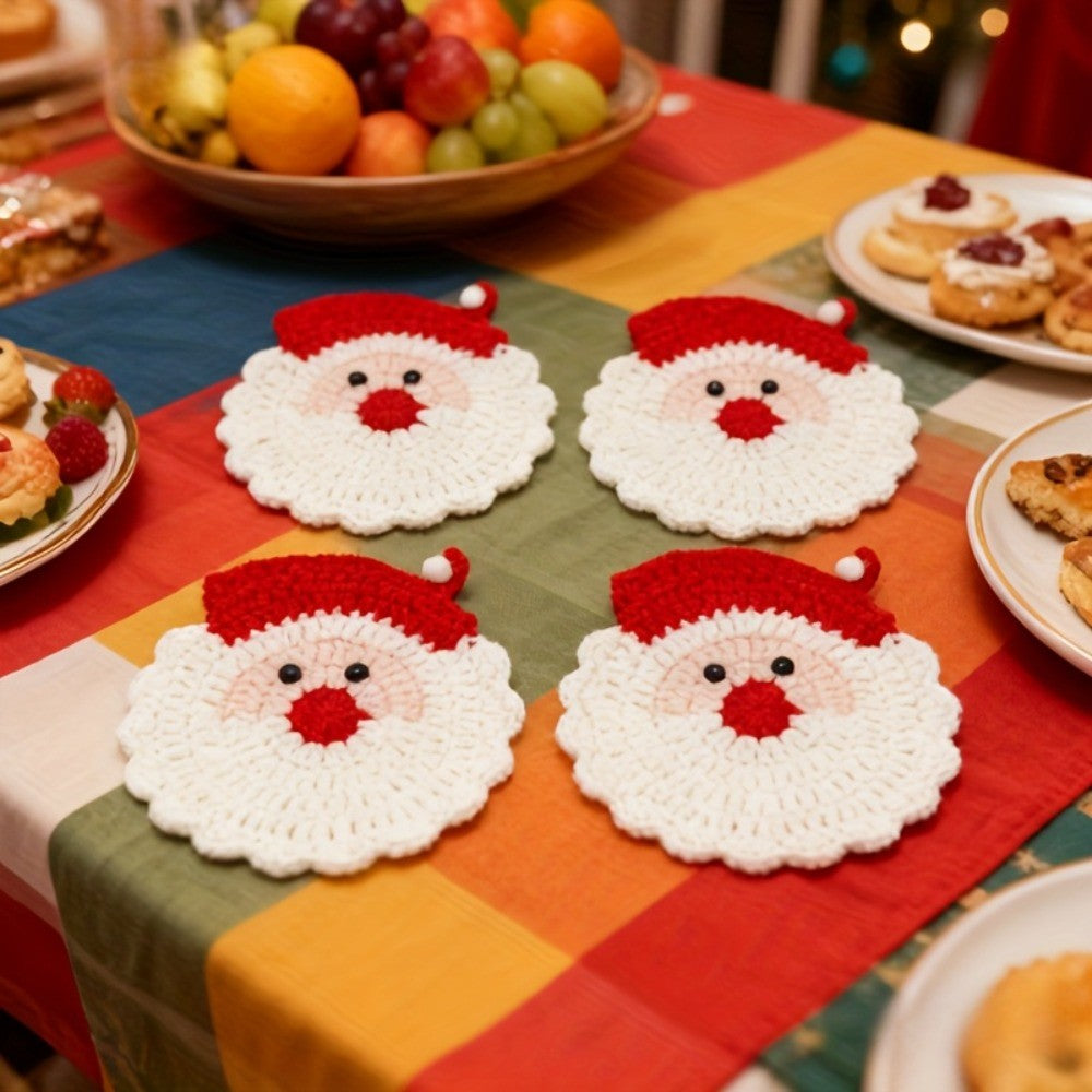 Handmade Crochet Santa Coasters Heat Resistant Drink Mats Uses for Holiday Table Decor Christmas Gift