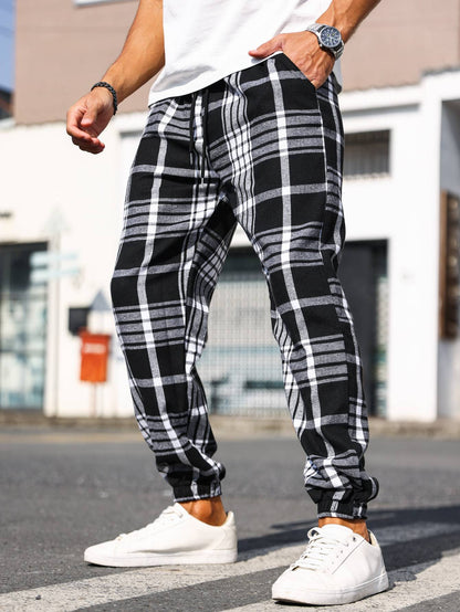 Calças Masculinas Xadrez com Punho Calças de Pijama Confortáveis para Estilo Relaxado