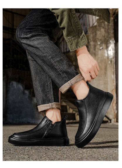 2025 Autumn New Leather Short Boots, Mid-calf Zipper Casual Outdoor Shoes, Anti-slip and Wear-resistant Men's Work Boots