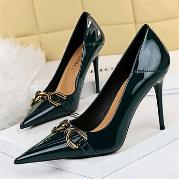 Luxury Design Women 10cm High Heels Metal Buckle Green Pumps Lady Plus Size Wedding Stiletto Heels Party Nude Replica Prom Shoes