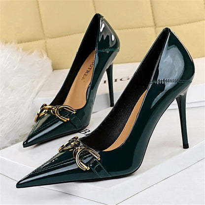 Luxury Design Women 10cm High Heels Metal Buckle Green Pumps Lady Plus Size Wedding Stiletto Heels Party Nude Replica Prom Shoes