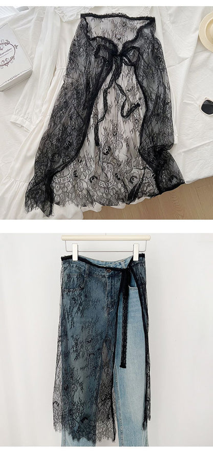 Midi Skirts Women Lace Drawstring Design Elegant Korean Style Spring Summer A-line High Waist Irregular Side Slit Fashion Street