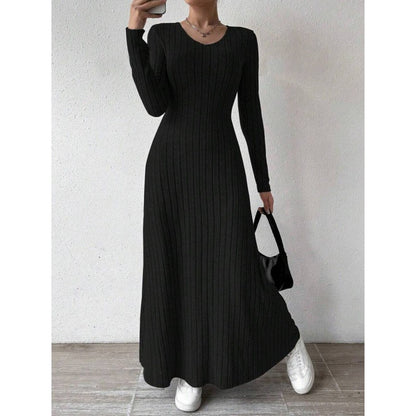 2025 Fashionable Knitted Long Sleeve A- Line Streetwear Dress For Women Smooths And Slims Your Silhouette Solid Color Long Dress