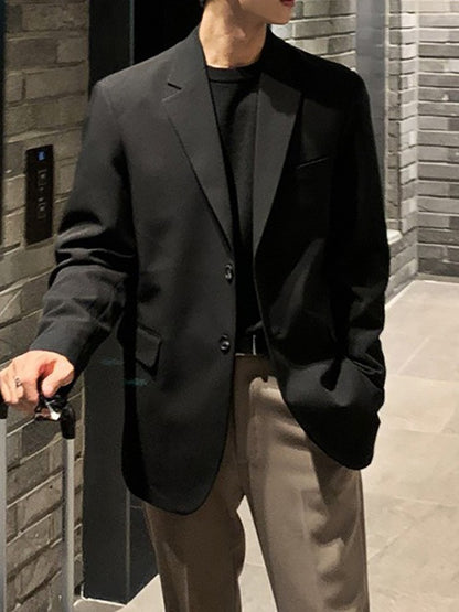 Menswear Classic Blazer Mens Casual Lightweight Jacket Autumn Korean Style Black Coat Fashion High Street Single-breasted Blazer