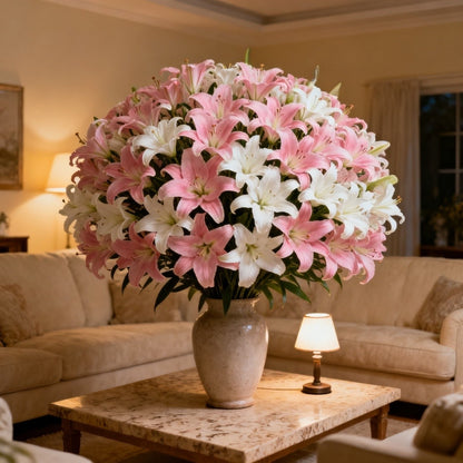 Elegant Pink Lily Flower Bouquet Realistic Artificial Flowers with Green Foliage,Perfect for Christmas, Wedding,Home Decor
