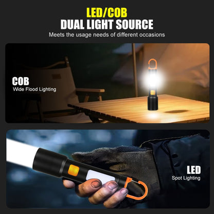 LED COB Super Bright Flashlight USB Rechargeable Torch 1-3 Optional Light Sources Outdoor Waterproof Emergency Light with Hook