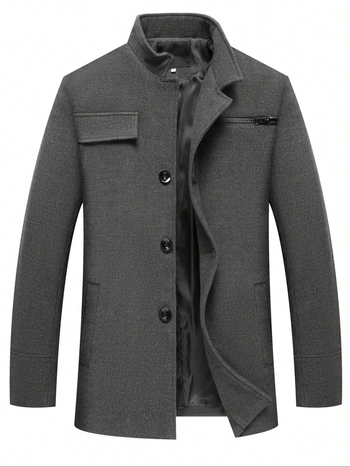 Men's Woolen Overcoat Long Sleeve Solid Casual Jacket with Pockets, Comfortable Daily Wear, Business & Sports Fashion