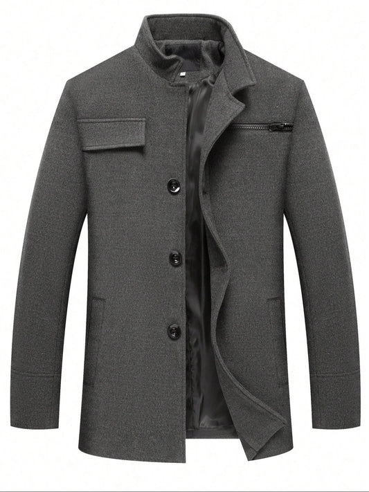 Men's Woolen Overcoat Long Sleeve Solid Casual Jacket with Pockets, Comfortable Daily Wear, Business & Sports Fashion