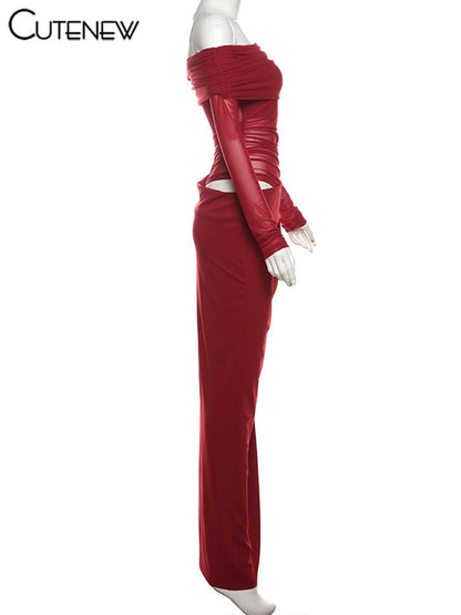 Cutenew Mesh Ruched Women Maxi Dress Sexy See Through Off Shoulder Long Sleeve S