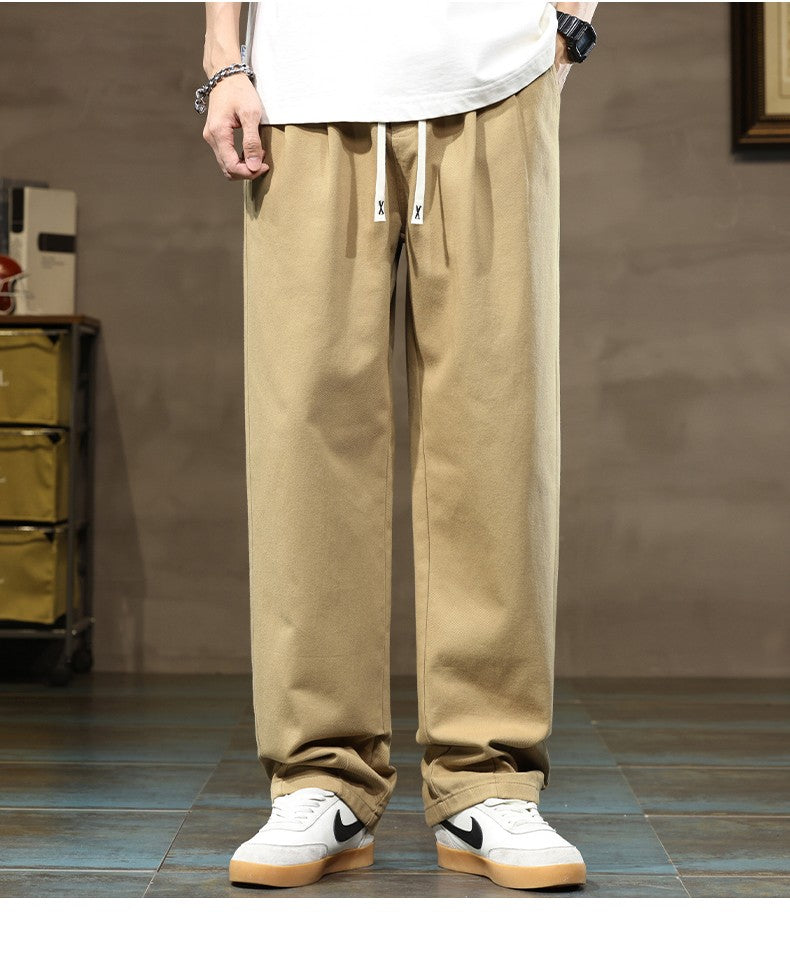 100% Cotton Men's Loose Wide Leg Pants Elastic Waist Fashion ArmyGreen Khaki Korean Streetwear Autumn Straight Trousers