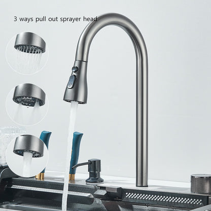 304 Stainless Steel Waterfall Kitchen Sink Large Single Slot Integrated Digital Display Faucet Set Soap Dispenser 75*45cm