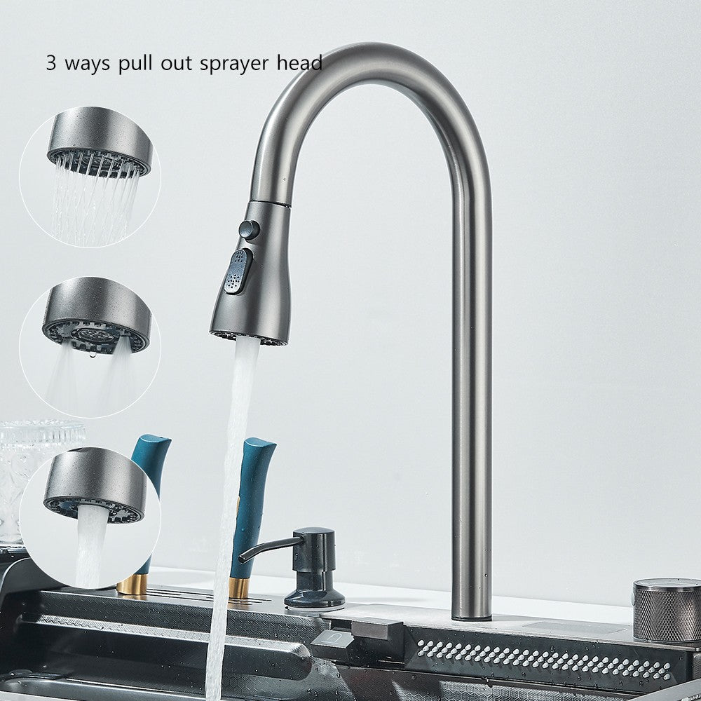 304 Stainless Steel Waterfall Kitchen Sink Large Single Slot Integrated Digital Display Faucet Set Soap Dispenser 75*45cm
