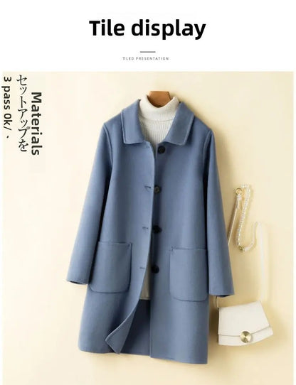 High-End Korean Style Double-Faced Cashmere Woolen Coat for Women Mid-Length Thickened Polyester Fiber Winter Outerwear