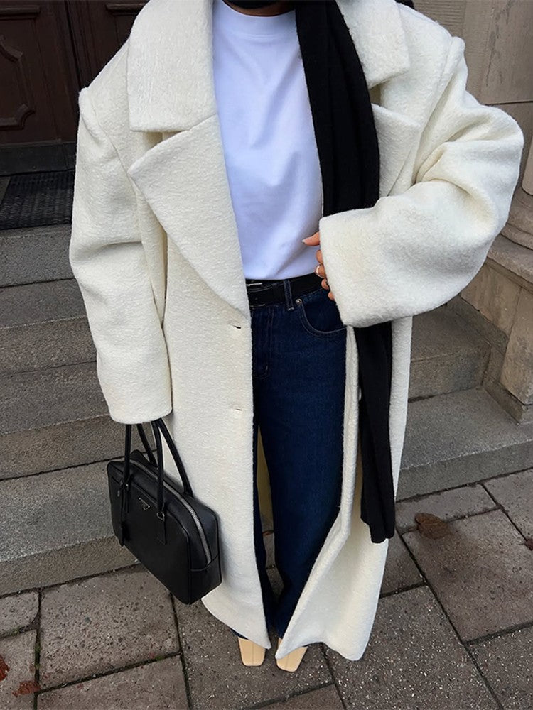 Elegant White Lapel Woolen Long Coat Women Fashion Full Sleeve Single-breasted Warm Loose Coats Lady Winter Commute Street Wear