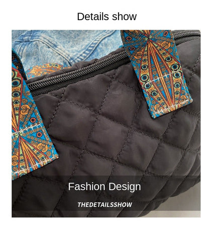 Women Wide Shoulder Belt Handbag Fall/Winter Rhombus Space Cotton Shoulder Bag Large Capacity All-Match Shopping Tote Bag