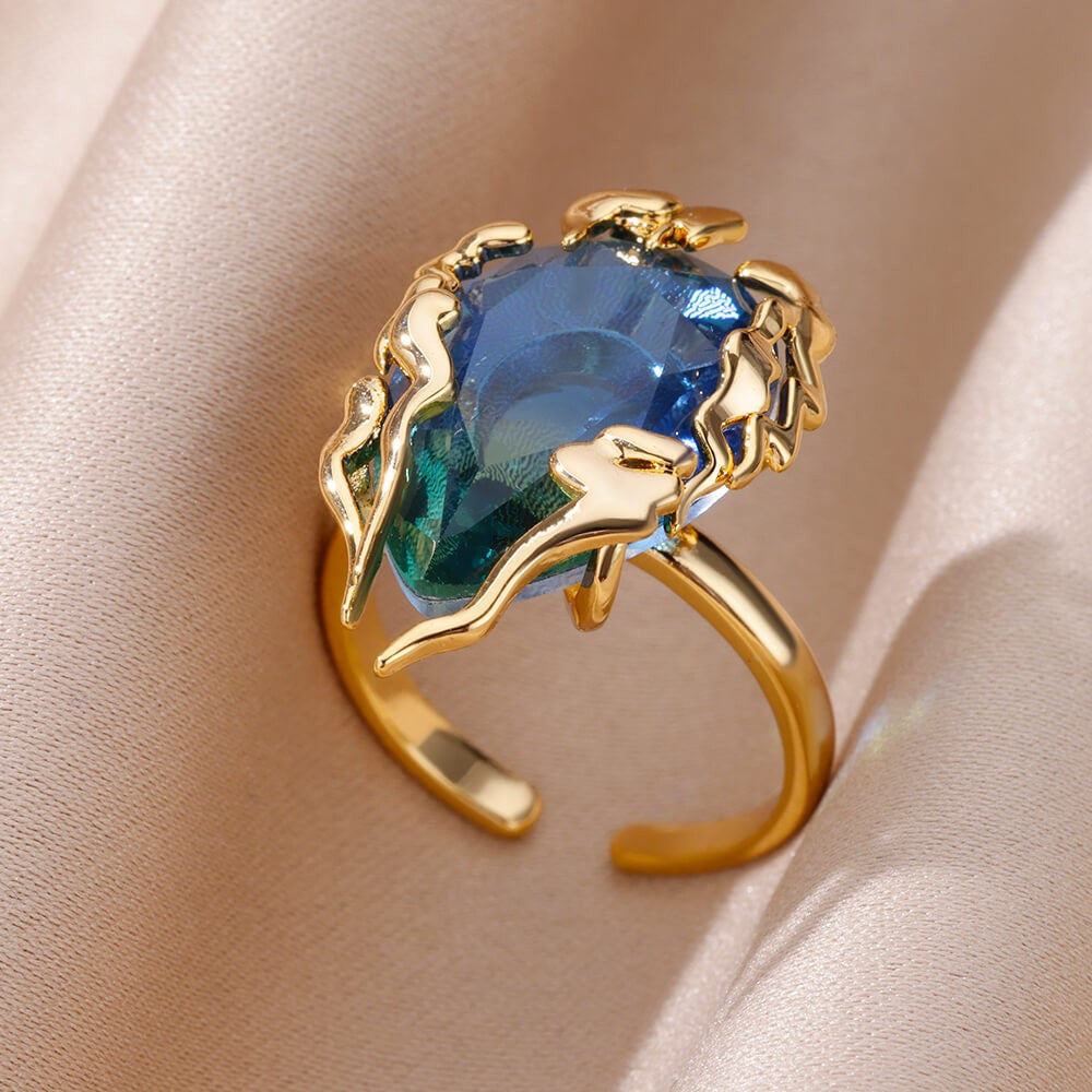 Anéis de Luxo em Aço Inoxidável Banhado a Ouro Pedra Colorida Zircônia Cristal Coração Anel Feminino Casamento Joias Boho Presente de Natal