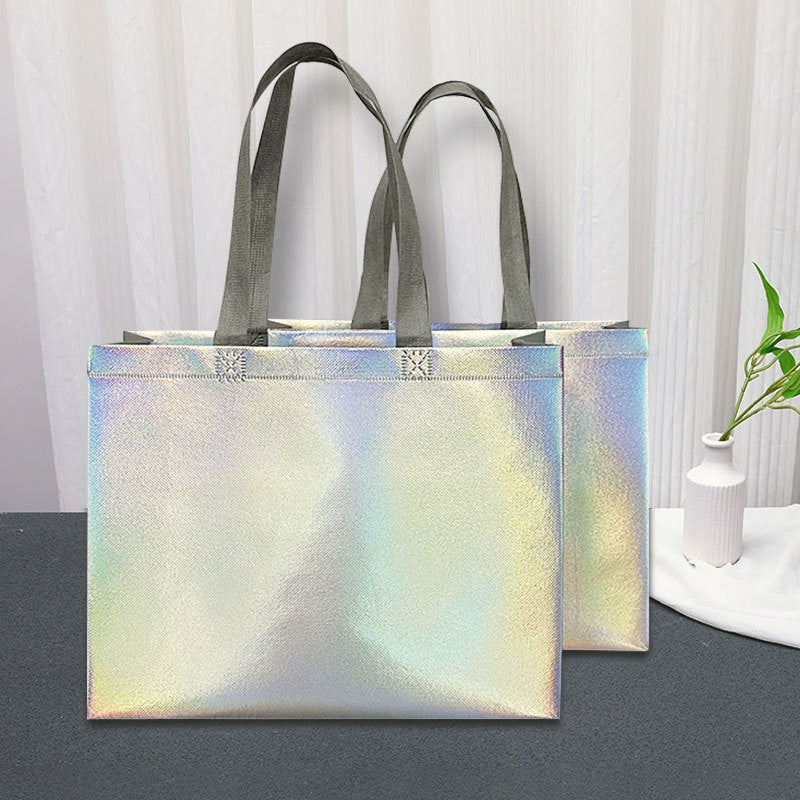 10Pcs Reusable Silver Laser Tote Bag Durable Non Woven Gift Shopping Bag for Wedding Bridesmaid Party Birthday Eco Friendly