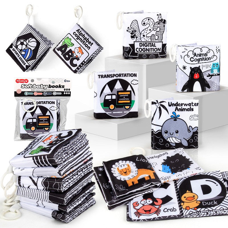 Livro de Pano de 12 Páginas Montessori Tátil e Sensorial Livros Macios para Bebês Animais de Desenho Animado Brinquedos Interativos de Educação Infantil para Bebês