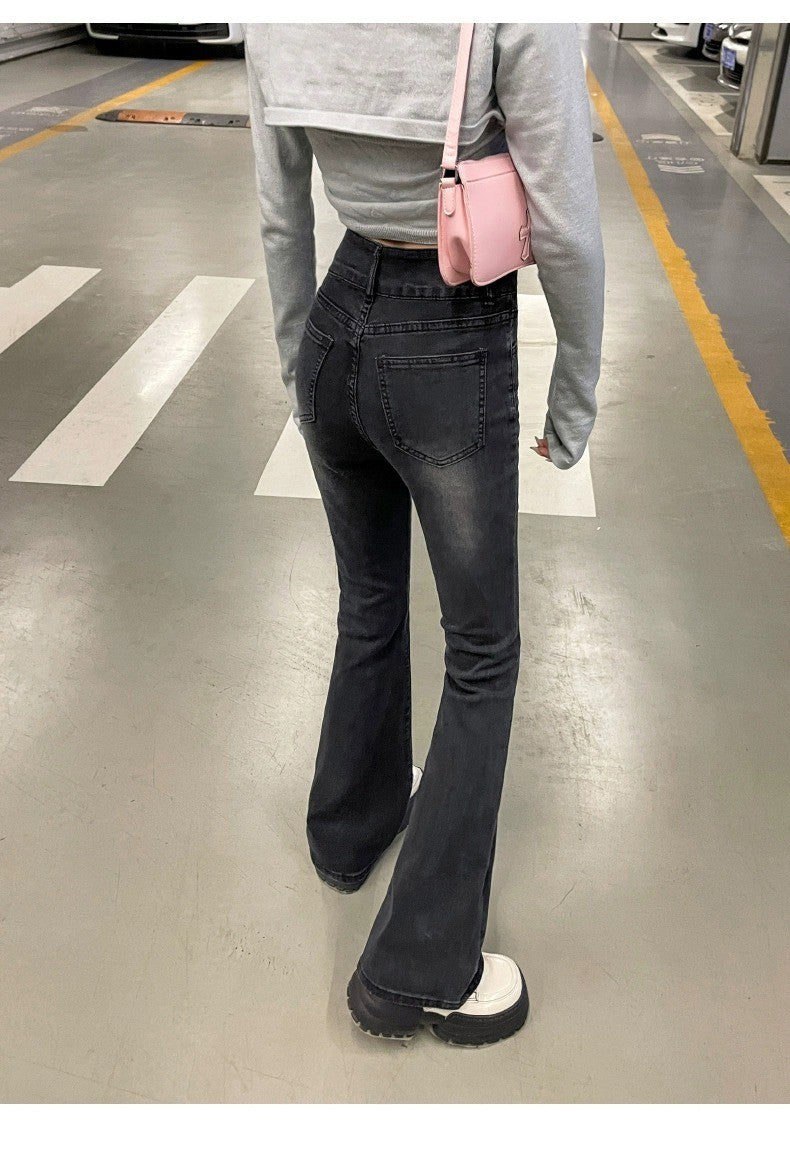 High Waist Fce Lined Thiened Autumn Winter American Bla ey Micro Flared Jeans Women Slimming Legging  Hoof Pants