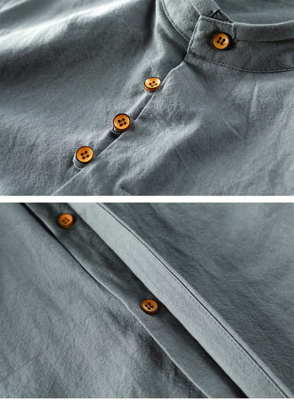 M-7XL 2025 Spring and Autumn New Men's Casual Shirts Retro Chinese Style Stand Collar Slim Cotton Linen Long Sleeve Shirt