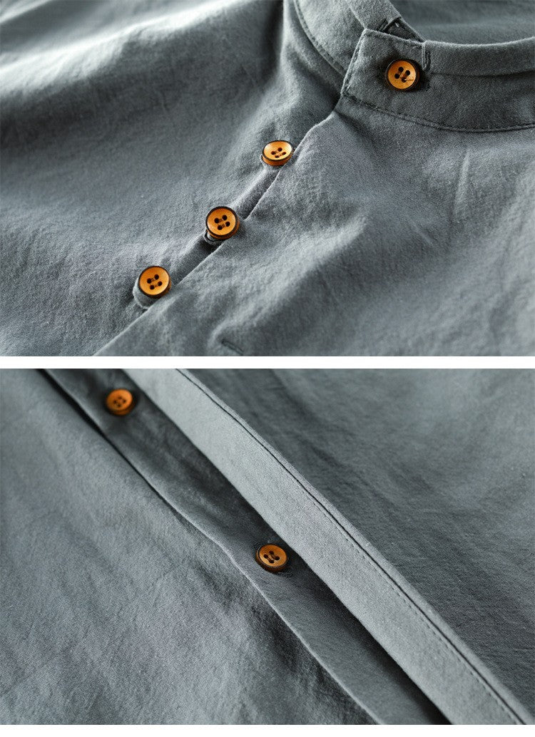 M-7XL 2025 Spring and Autumn New Men's Casual Shirts Retro Chinese Style Stand Collar Slim Cotton Linen Long Sleeve Shirt