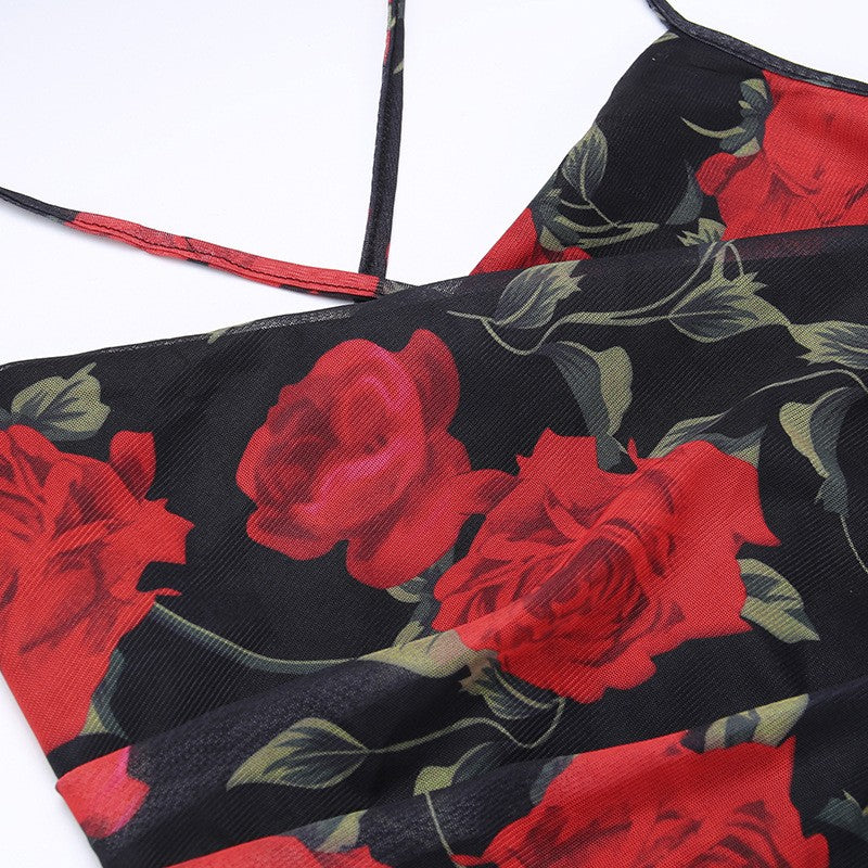 Flowers Print Spaghetti Strap Dresses Women Temperament Package Hip Bodycon Long