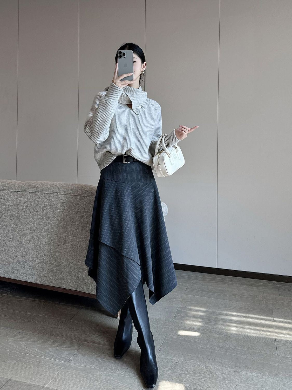 Women Clothing Autumn Winter Fashion Korean Striped A-line Skirt High Waist Female Versatile Appear Thin Irregular Soft Skirt