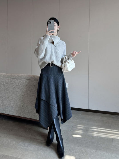 Women Clothing Autumn Winter Fashion Korean Striped A-line Skirt High Waist Female Versatile Appear Thin Irregular Soft Skirt