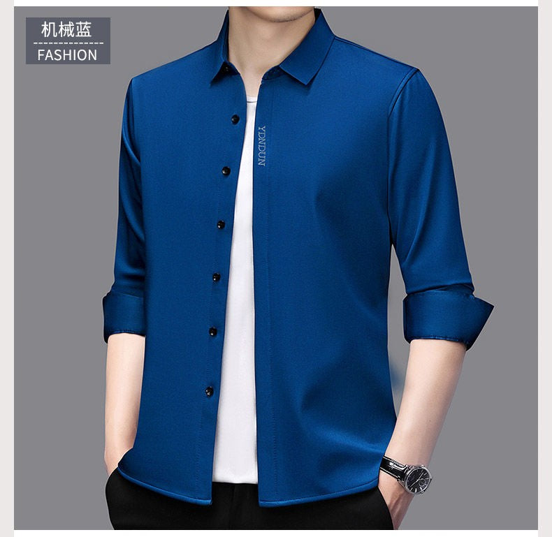 High End  Mulberry Silk Men Business Shirt Long Sleeve  Button Invisible Elastic Tops Wrinkle Resistant  Luxurious Men Shirt