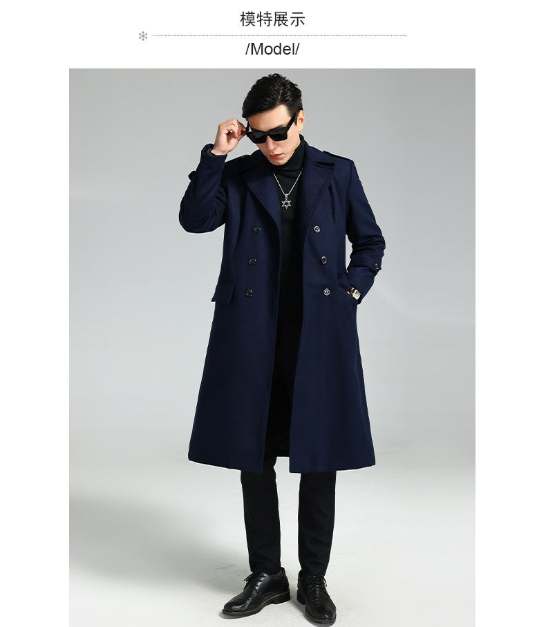 Nerazzurri Autumn Winter Long Elegant Luxury Chic Navy Blue Warm Woolen Coat for Men Double Breasted Wool & blends Overcoat 2023