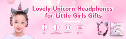 Unicorn Kids Pink Headphones for Girls Children Teens Wired Headset w/Microphonefor School Birthday Xmas Unicorn Gift