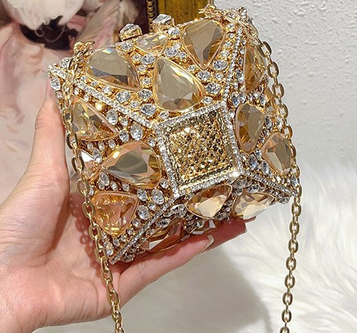XIYUAN Luxury Glitter Metal Box Women Handbag Crystal Clutch Purse Wedding Party Bling Shiny Small Bags Rhinestones Evening Bag
