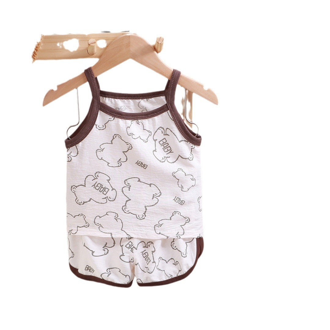 Summer Children Sling Shorts Set Fashion Flower Girls Kids Thin Breathable Pajamas Cute Cartoon Baby Toddler Home Clothes