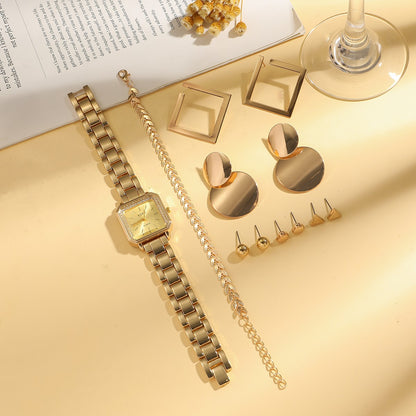 Vintage Gold Fashion Watch Set Square Plate Watch Chain Bracelet Geometric Accessories Orange Gift Box