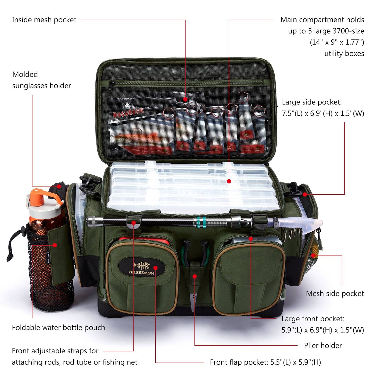 BASSDASH Fishing Tackle Shoulder Bag Resistente à Água, Leve, para Armazenamento de Equipamentos, com Base Rígida Moldada e Capa de Chuva