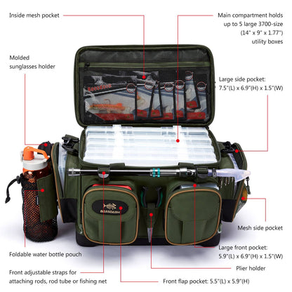 BASSDASH Fishing Tackle Shoulder Bag Resistente à Água, Leve, para Armazenamento de Equipamentos, com Base Rígida Moldada e Capa de Chuva
