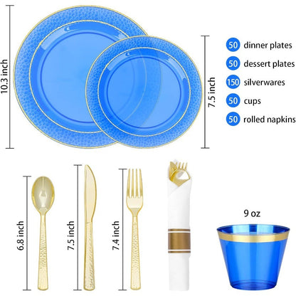 350 peças de pratos de plástico azul transparente para 50 convidados Conjunto de utensílios de mesa descartáveis para festas e formaturas Inclui 100 pratos de plástico 5