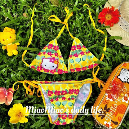 2Pcs Sexy Hot Girls Bikini Swimsuit Suit Y2K Hello Kitty Sanrios Anime Women Kitty Strap Underwear Bra Panties Beach Seaside Spa