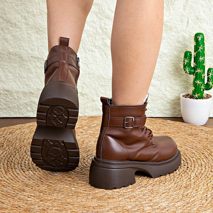 Brown Retro  Boots For Women British Style2025Autumn And Winter New Thick-Soled Height-Increasing Short Boots With