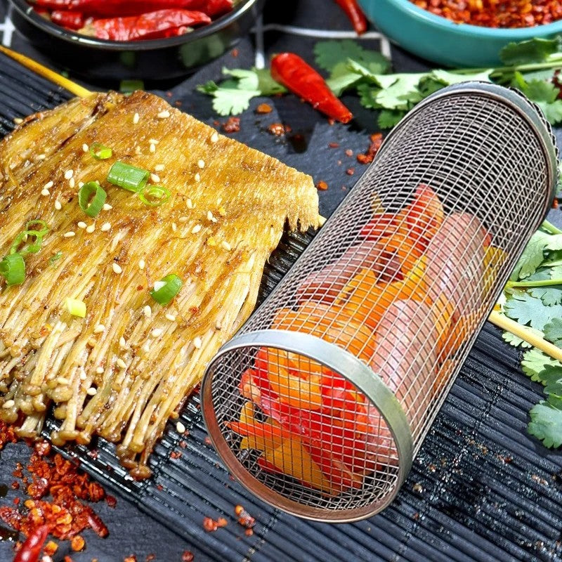 1-4pcs Rolling Grilling Basket Stainless Steel BBQ Grill Basket Mesh Portable Outdoor Camping Barbecue Rack kitchen accessories